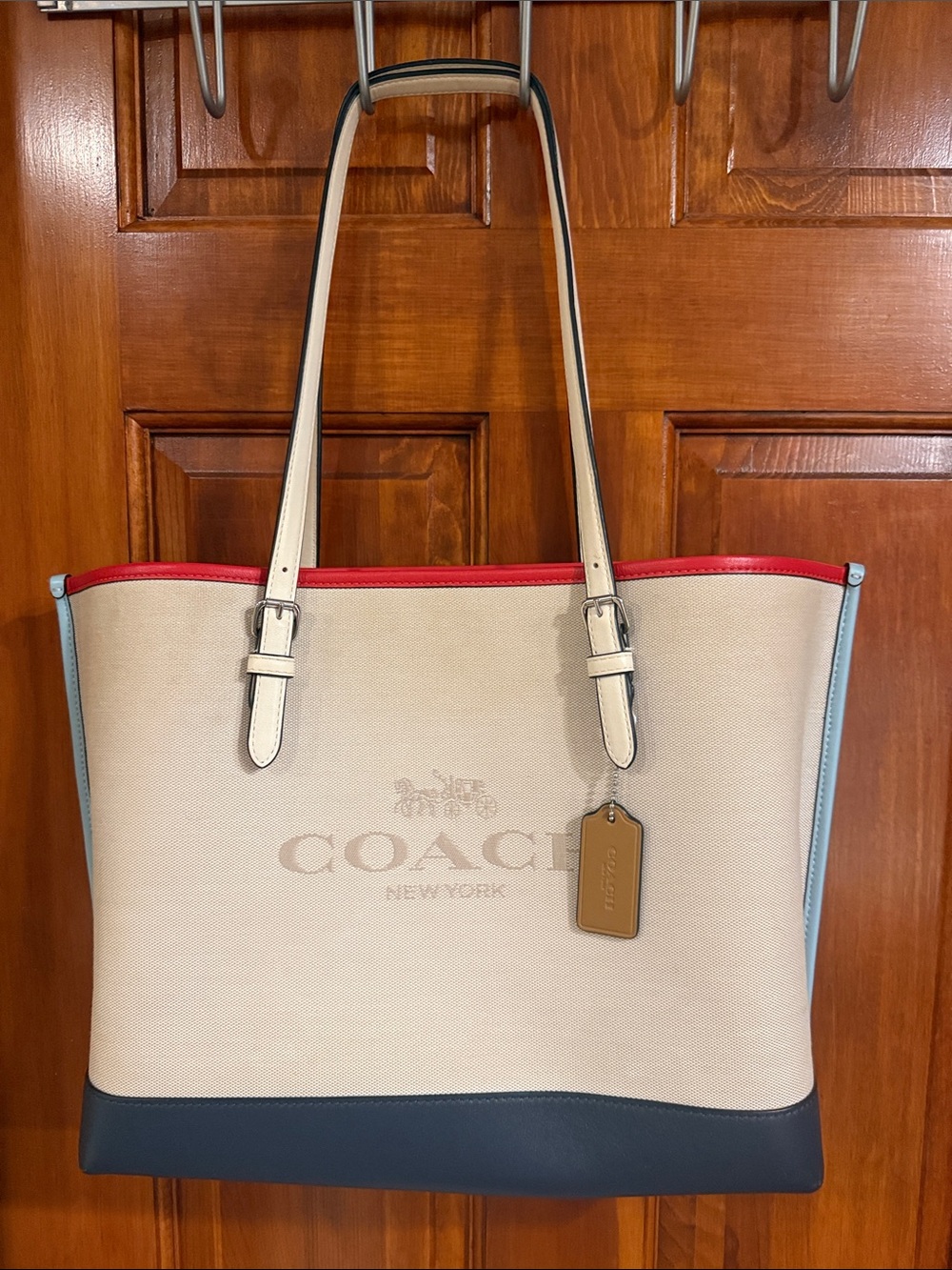 COACH Colorblock Canvas Tote Bag in Cream with Navy & Red Trim